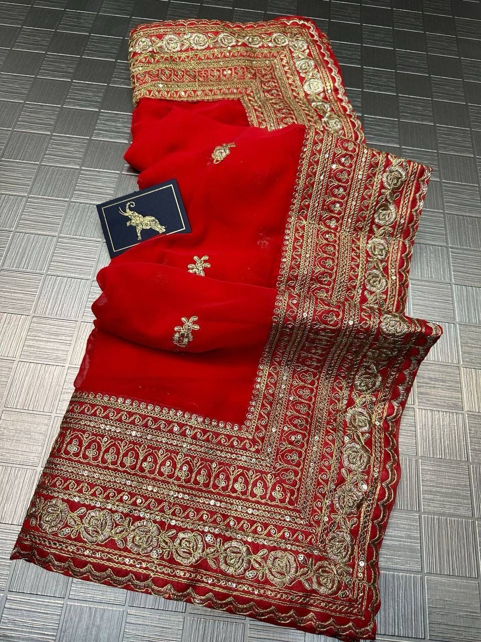 Attractive Red Color Designer Party Wear Georgette Embroidery Work Sequins Saree For Women In Chandler
