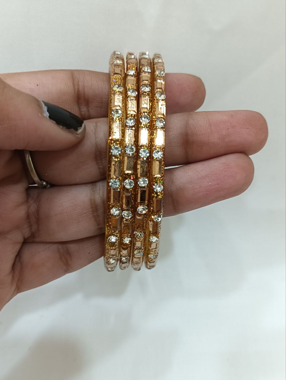 Lovely Gold Color Glass Bangles with Gleaming Stones Near Me