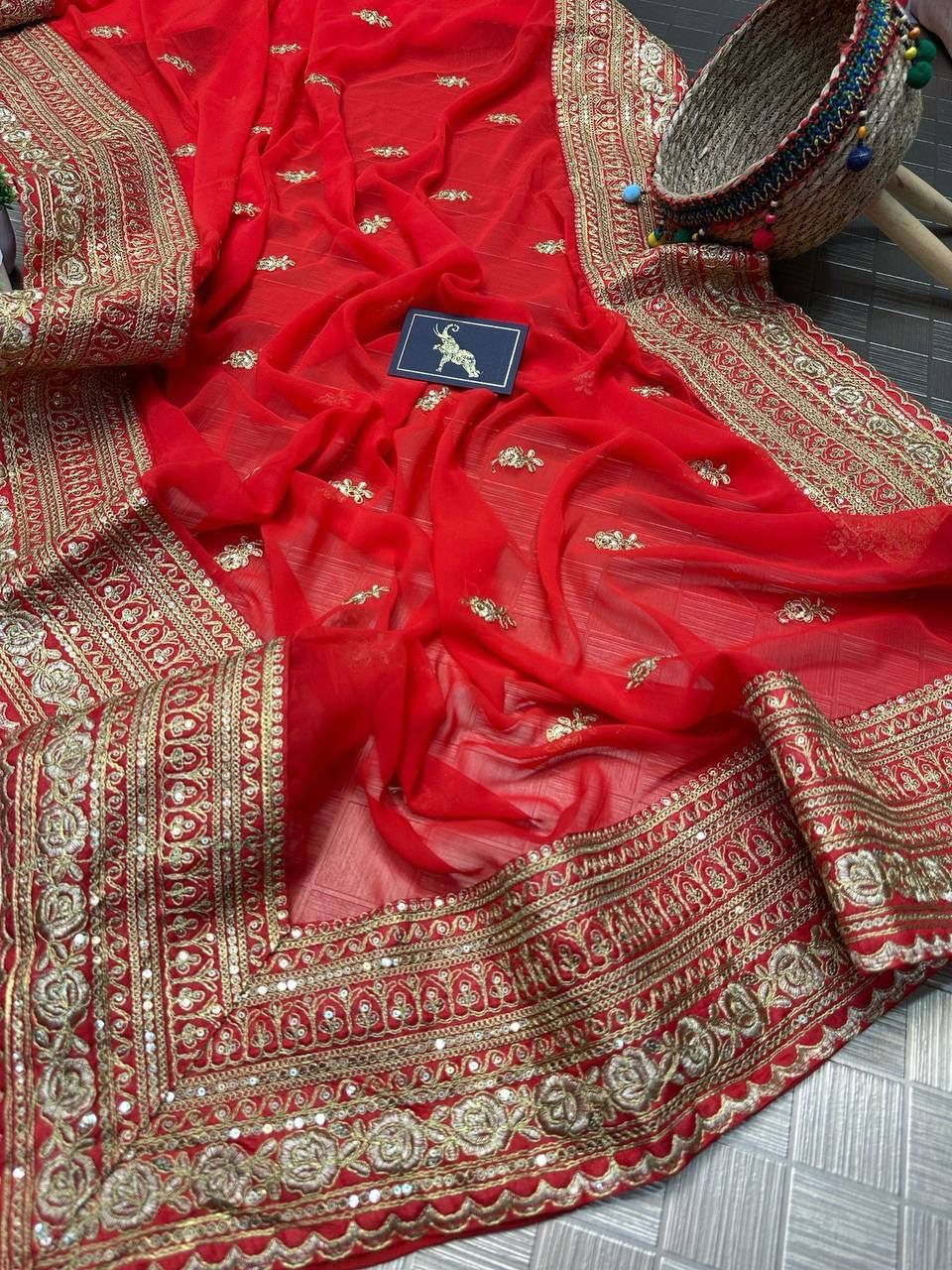 Attractive Red Color Designer Party Wear Georgette Embroidery Work Sequins Saree For Women In USA