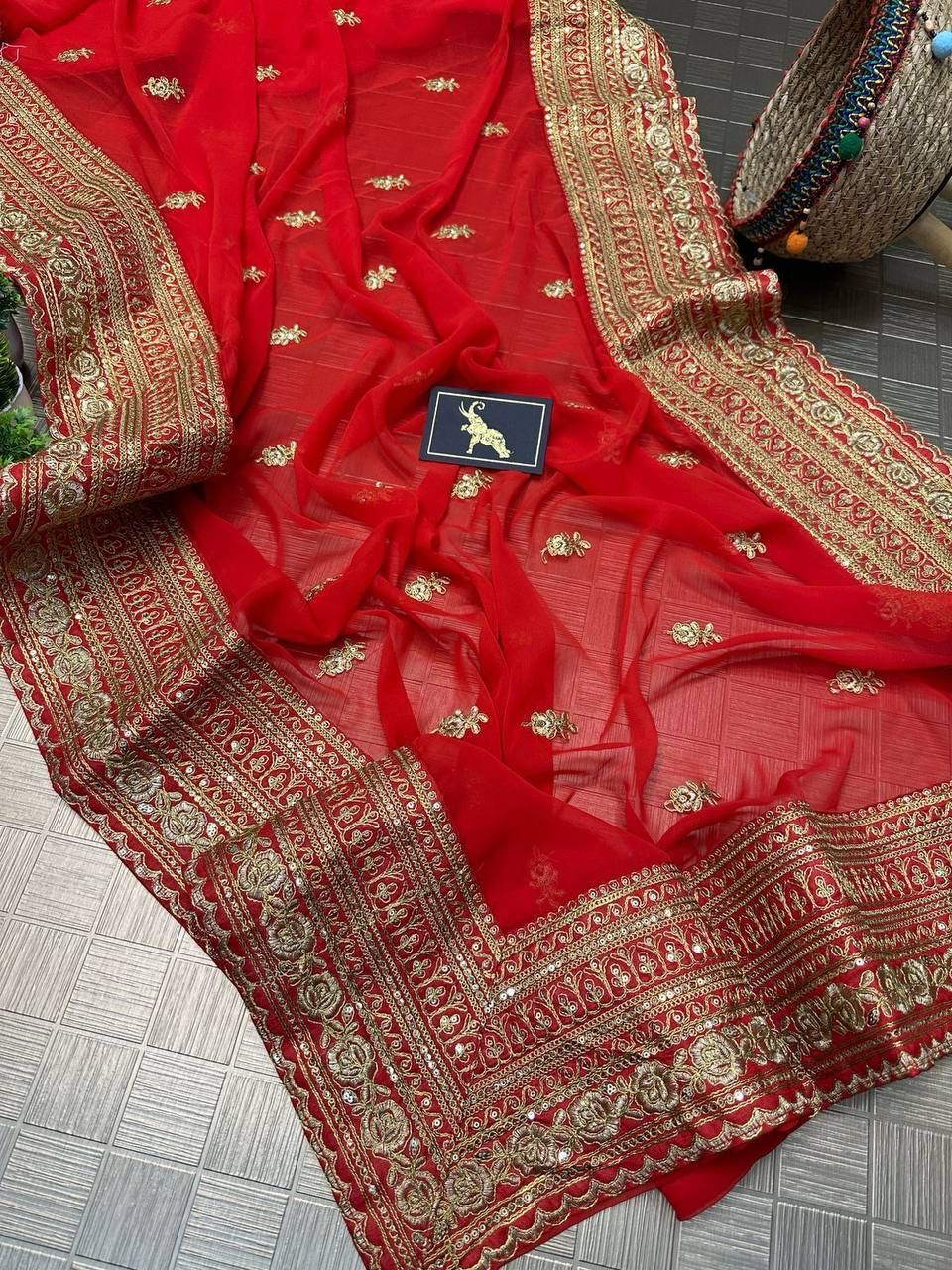 Attractive Red Color Designer Party Wear Georgette Embroidery Work Sequins Saree For Women In Tucson