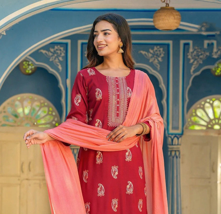 Embroidery Work Red Colored Kurti With Dupatta Sets Near Me