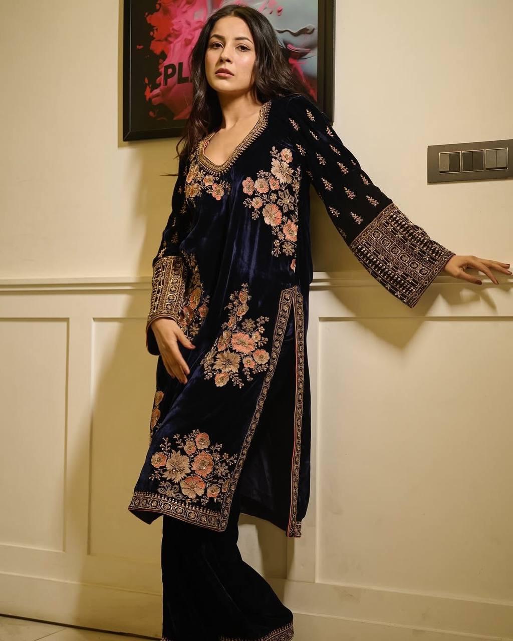 Attractive Dark Blue Color Viscose Embroidery And Sequins Work Palazzo Suits With Dupatta