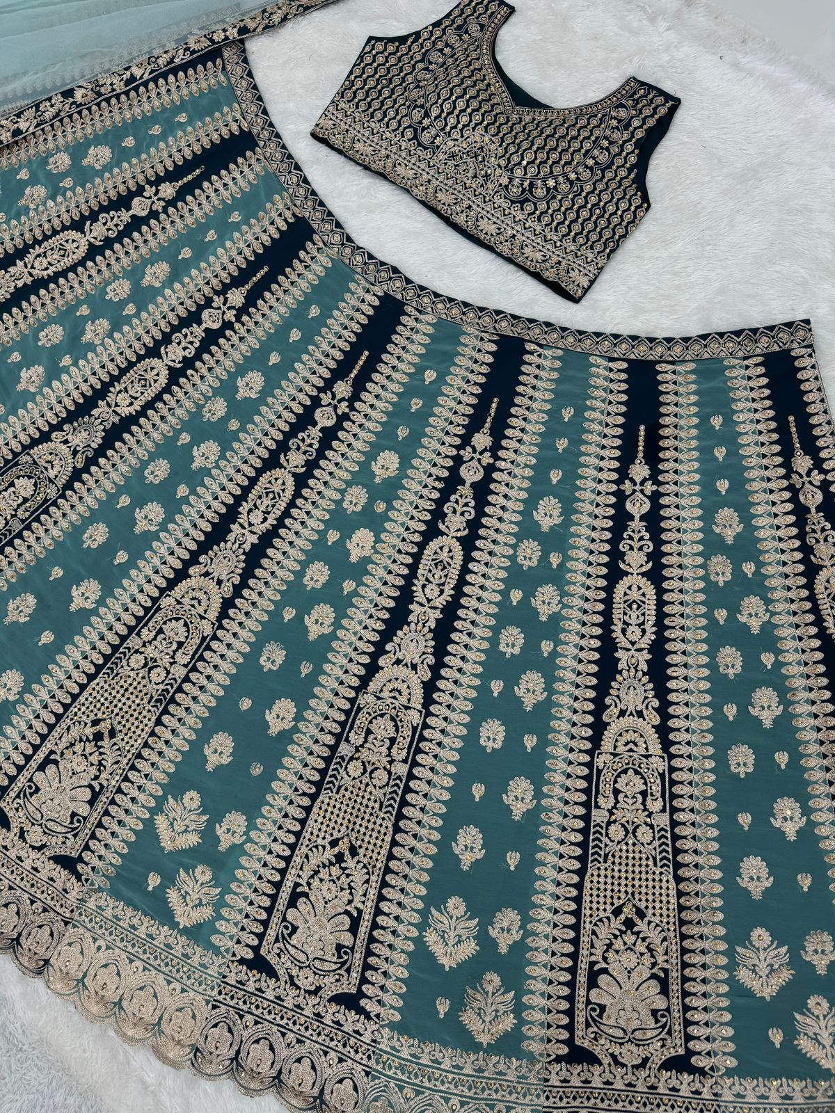 Blue Colored Heavy Embroidery And Hand Work Lehenga In USA