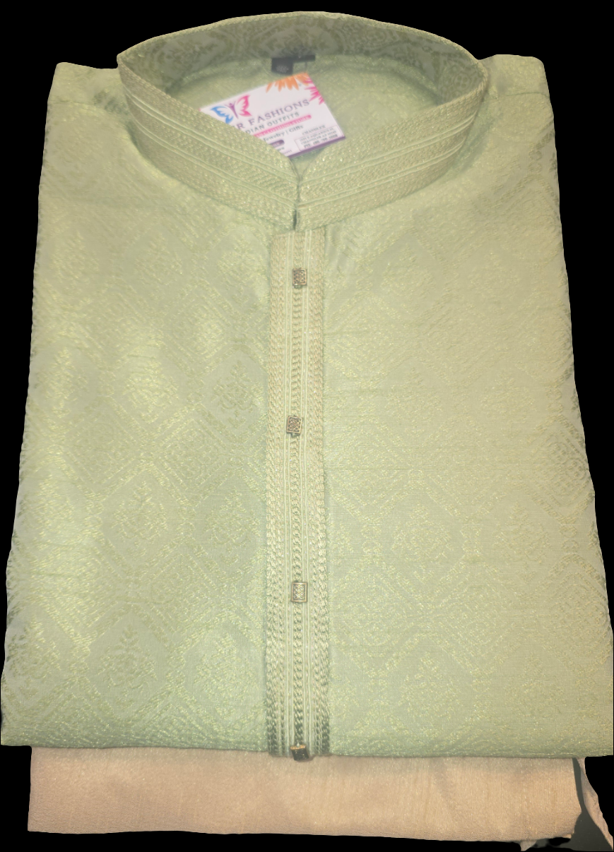 Alluring Pastel Green Color Art Silk Embroidered Neck Kurta With Pajama Pant For Men