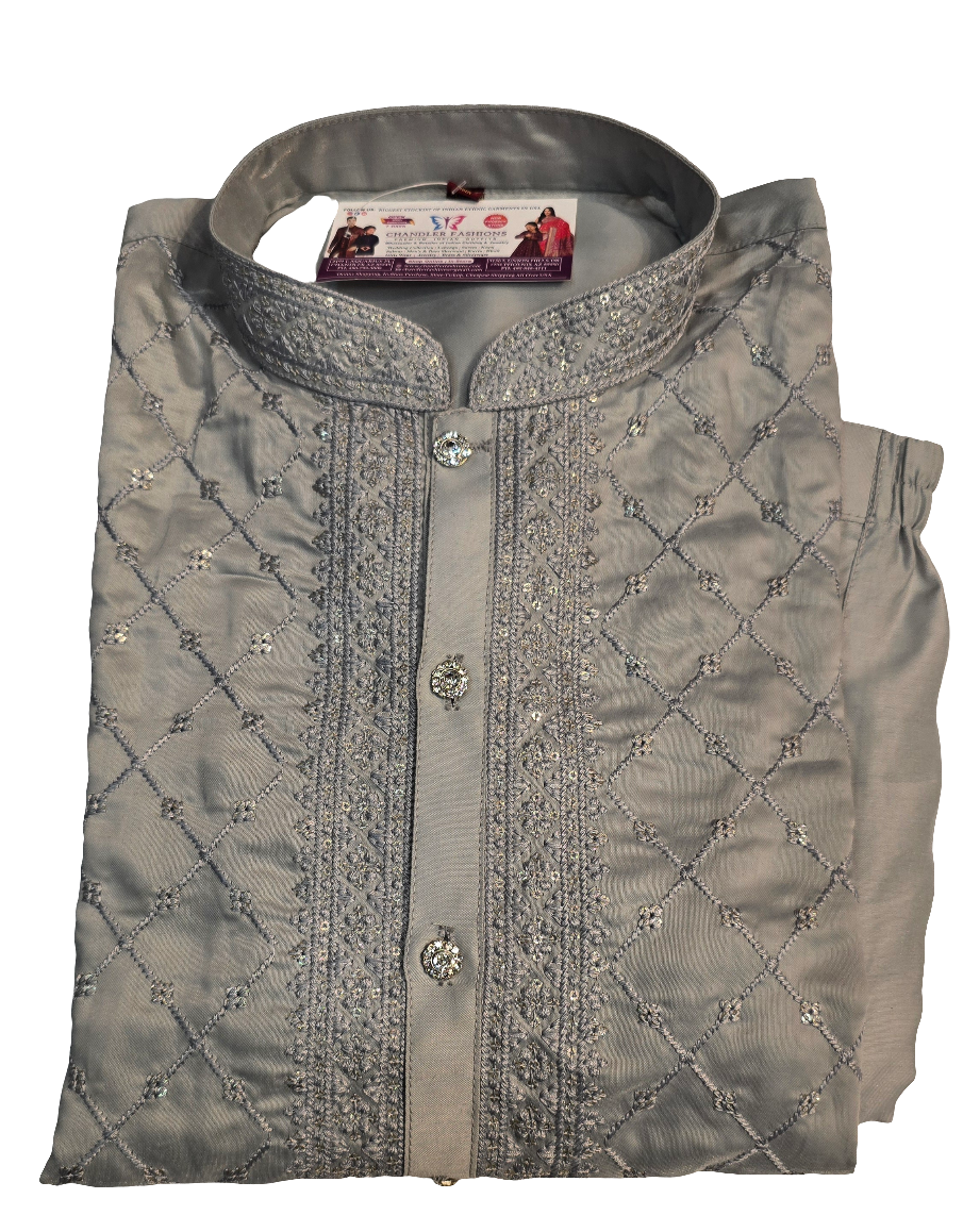 Attractive Gray Colored Silk Embroidery Work Kurta With Cotton Silk Pajama For Men