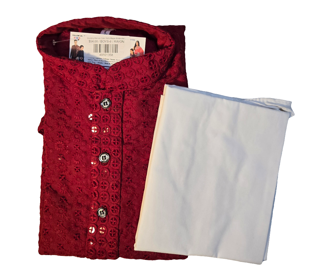 Stunning Maroon Color Kid's Rayon Embroidery Sequins Work Kurta With Pajama Pant