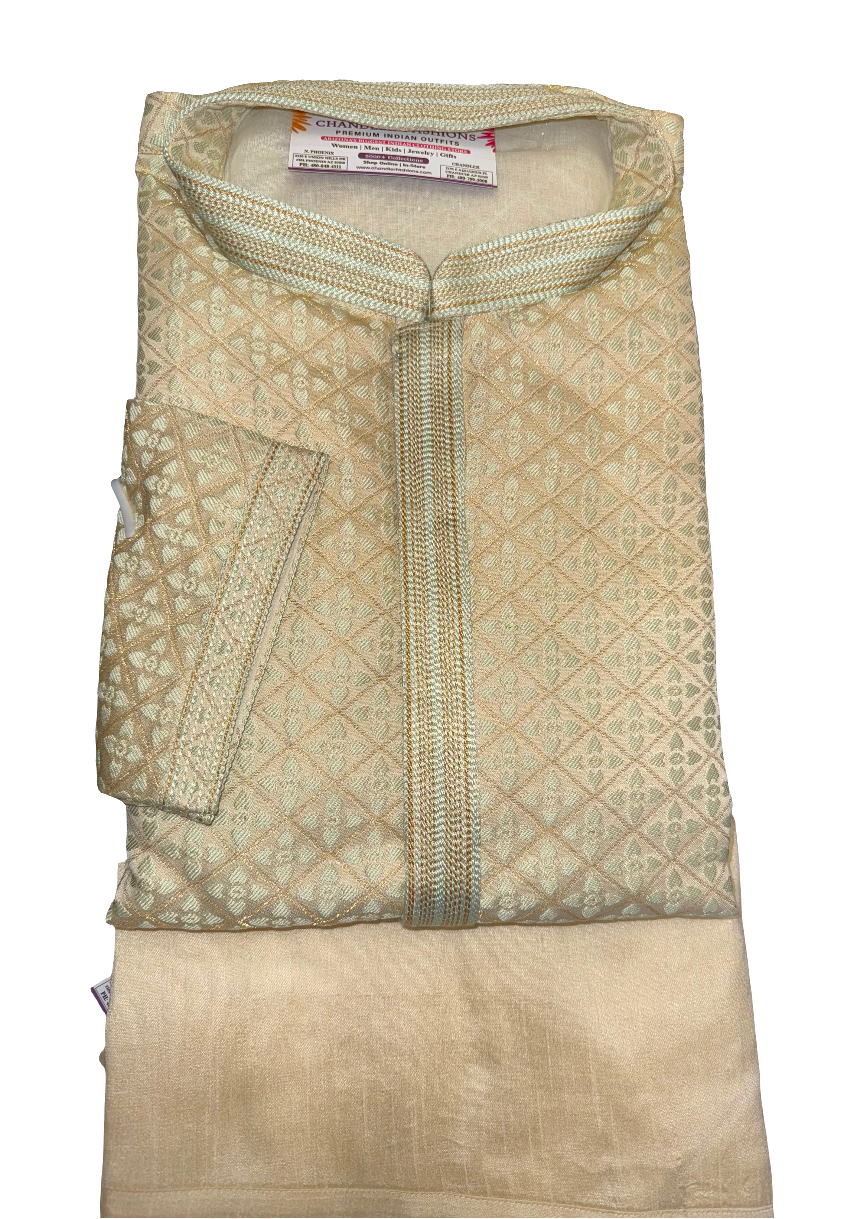 Alluring Pista Green Color Satin Brocade Kurta And Pajama Pant For Men