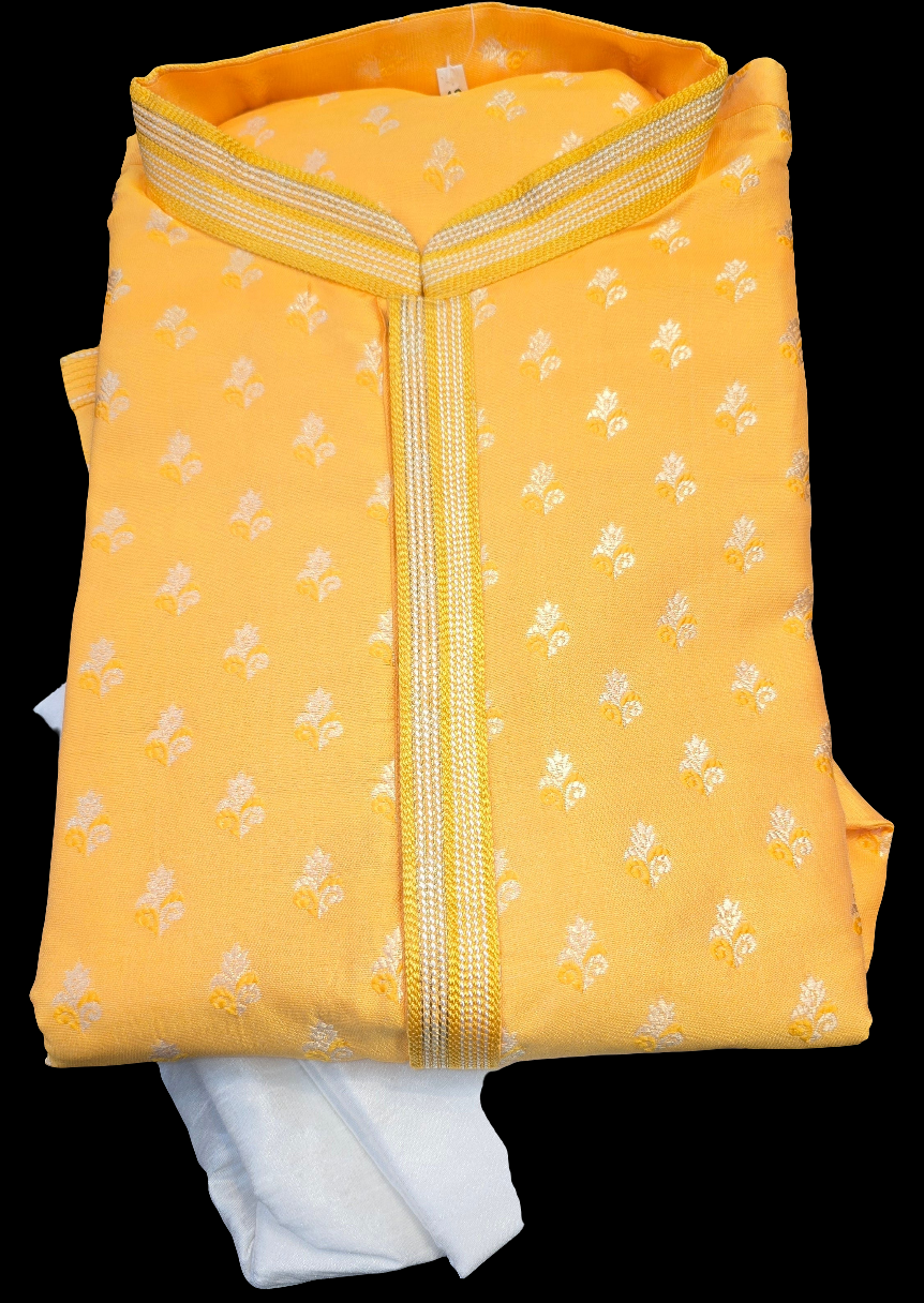 Gorgeous Yellow Color Art Silk Cream Threaded Floral Patterns Kurta Sets For Men