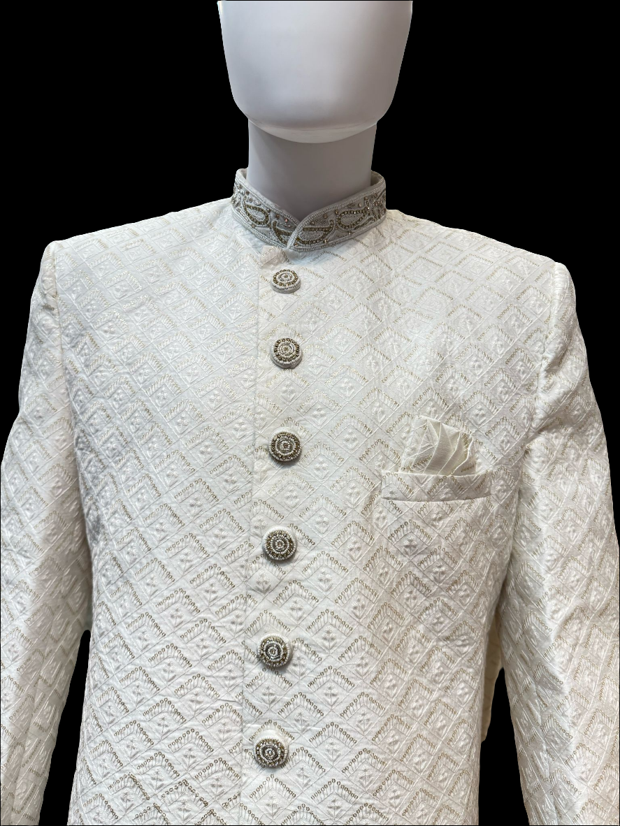 Delightful Silver Color Embroidery Work Sherwani With Poly cotton Pajama For Men