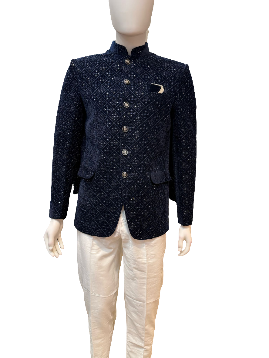 Stunning Blue Color Velvet With Beautiful Embroidery Pocket Design Sherwani With Poly cotton Pajama For Men