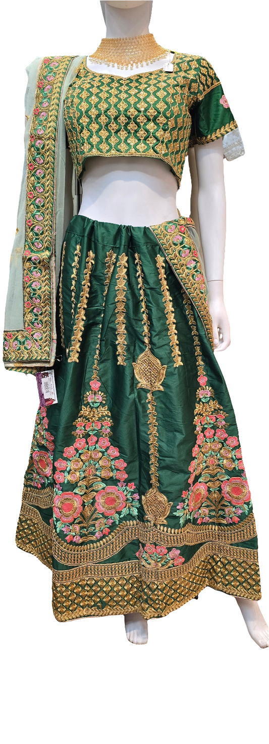 Attractive Green Color Embroidery And Multi Needle Work Lehenga Choli With Net Dupatta