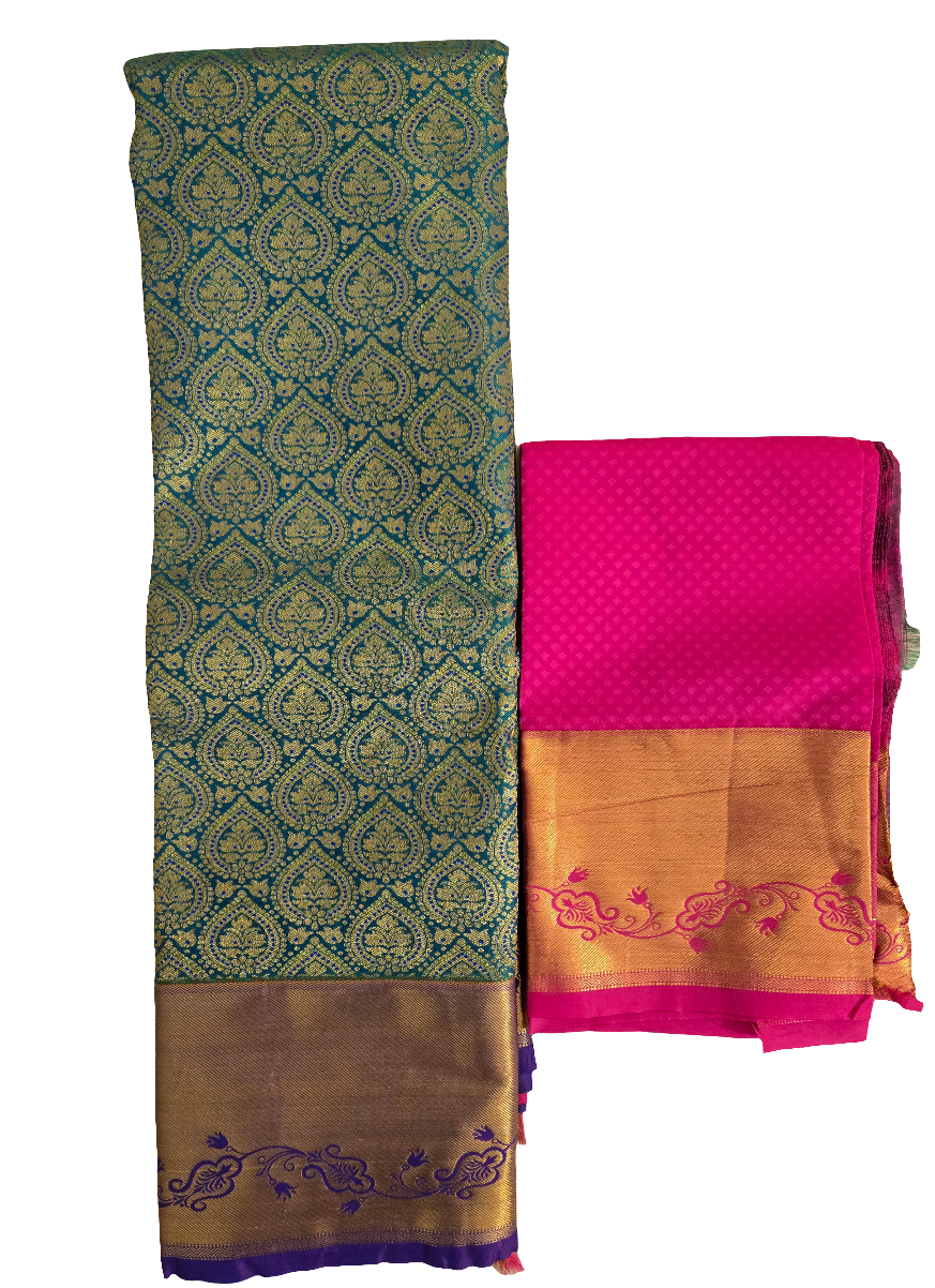 Attractive Green Colored With Golden Purple Border Pure Kanchi Silk Saree For Women