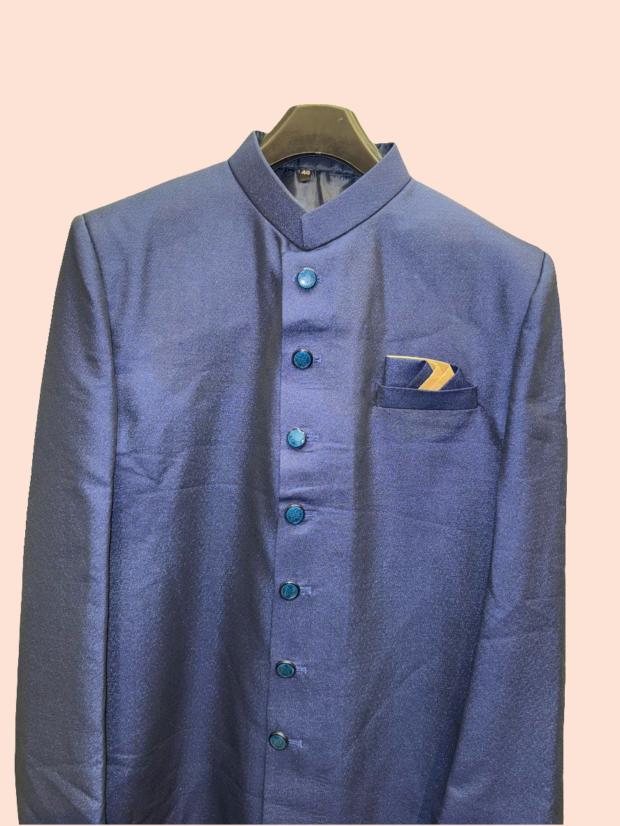 Delightful Blue Color With Pocket Design Sherwani With Poly cotton Pajama For Men