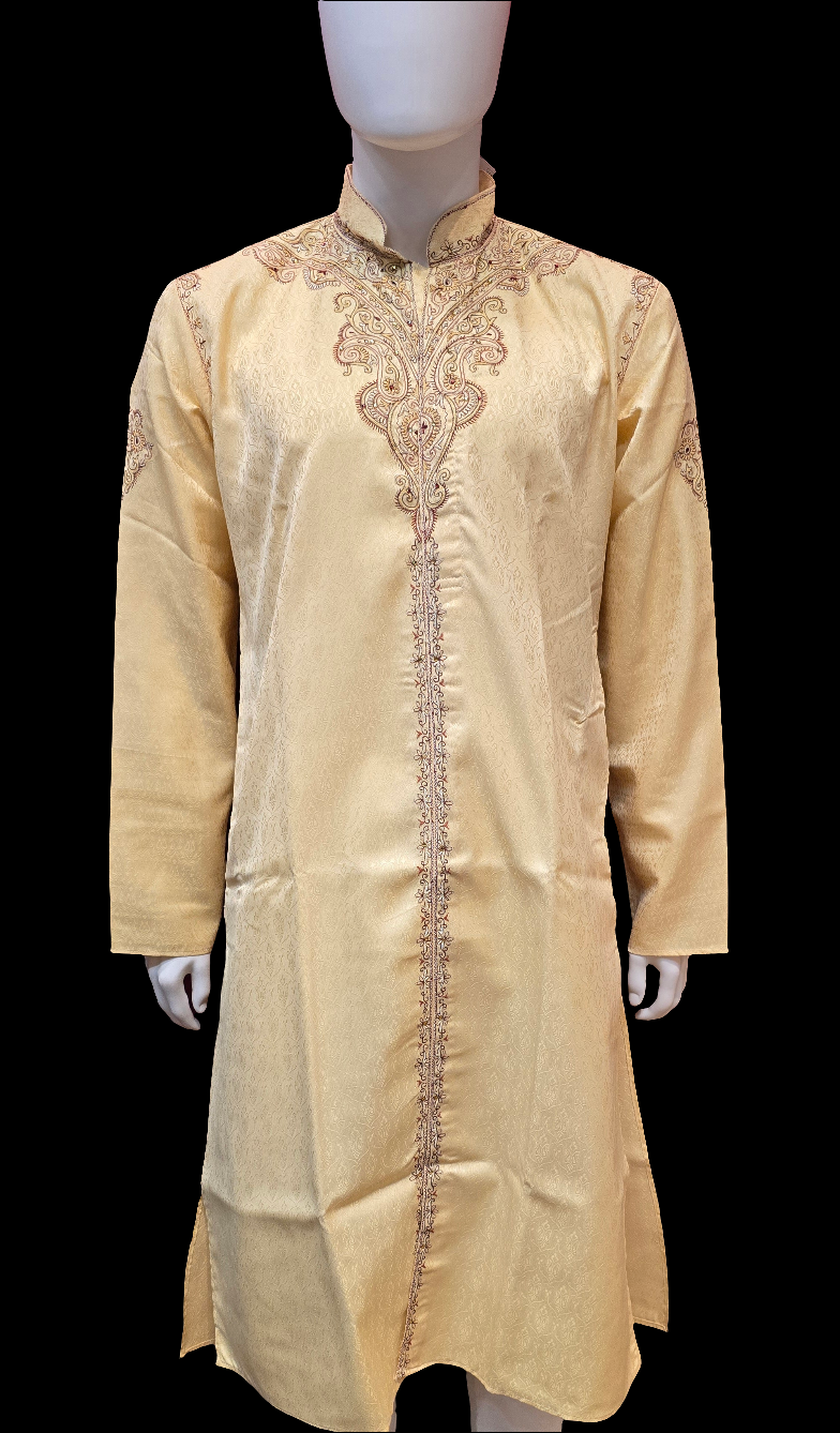 Alluring Beige Color Men's Kurta With Embroidery Work