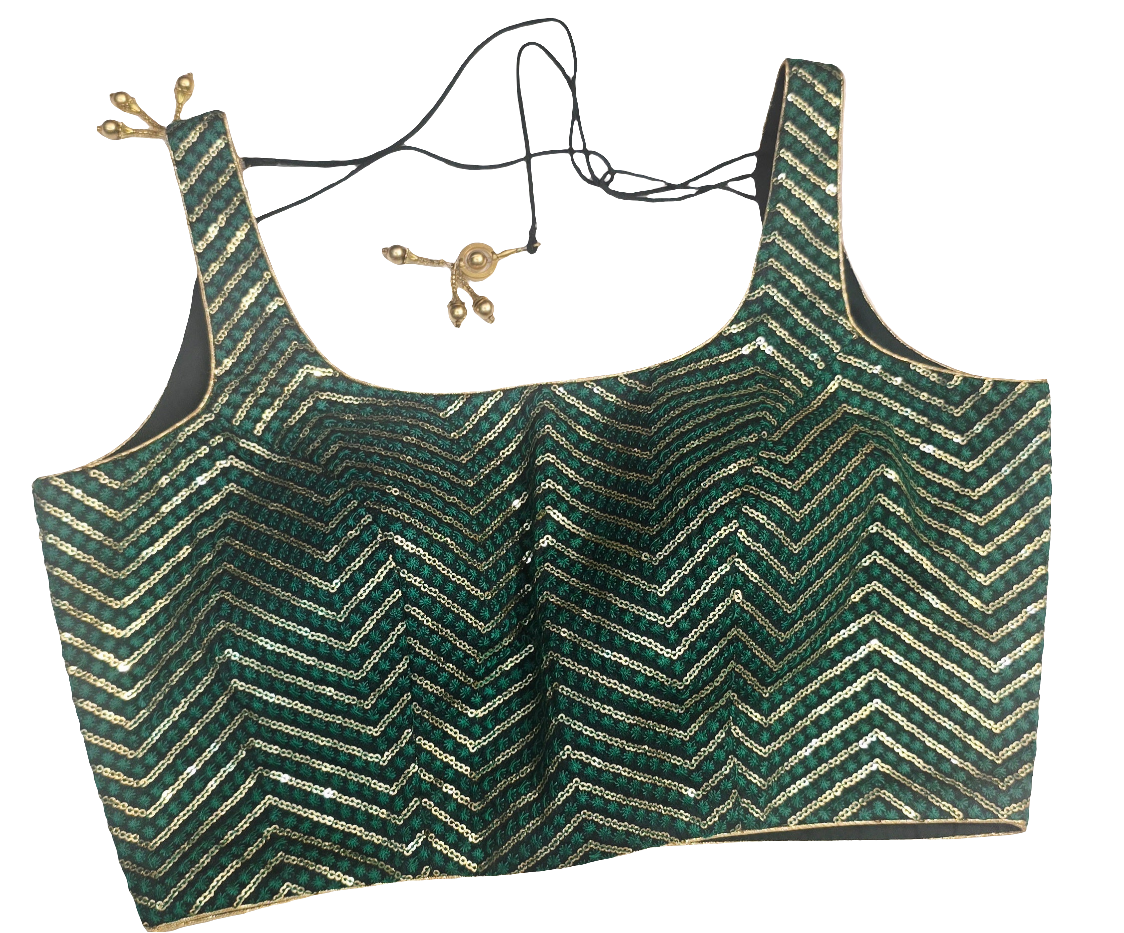 Dazzling Green Color Party Wear Silk Sleeveless Back Open Blouse