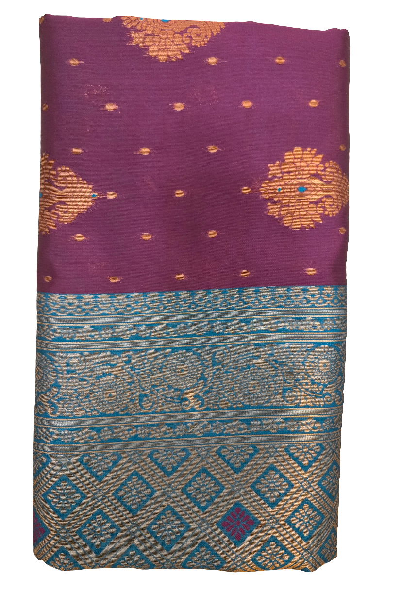 Gorgeous Purple and Teal Blue Art Silk Saree Included Blouse With Gold Zari Work