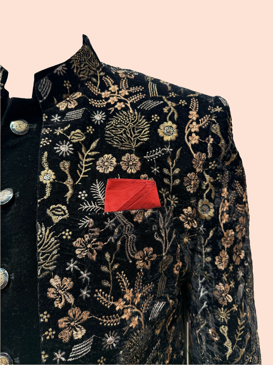 Delightful Black Color Velvet With Beautiful Embroidery Sherwani With Velvet Pajama For Men