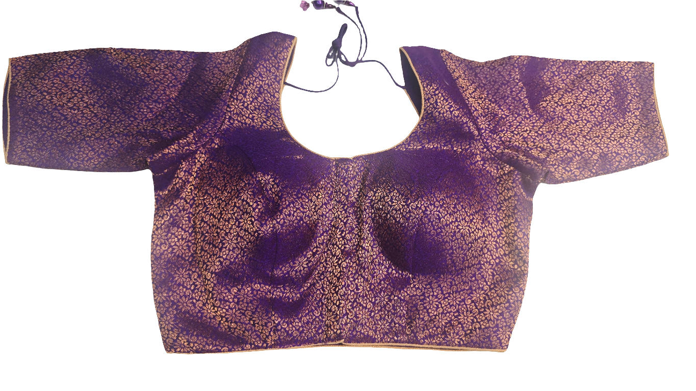 Attractive Front Open Purple Color Brocade Elbow Sleeve Readymade Blouse For Women