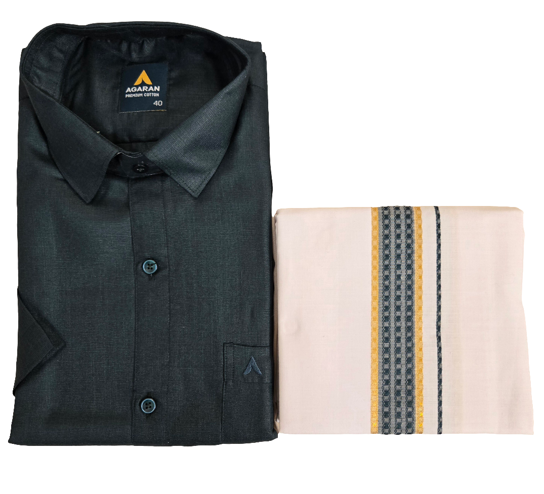Elegant Dark Green Color Half Sleeves Cotton Shirt With Matching Border Dhoti Set For Men
