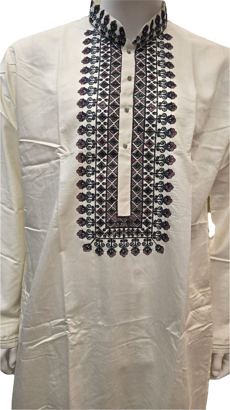 Fabulous Off White Color Soft Silk Cotton With Neck Work Kurta Pajama Pant For Men