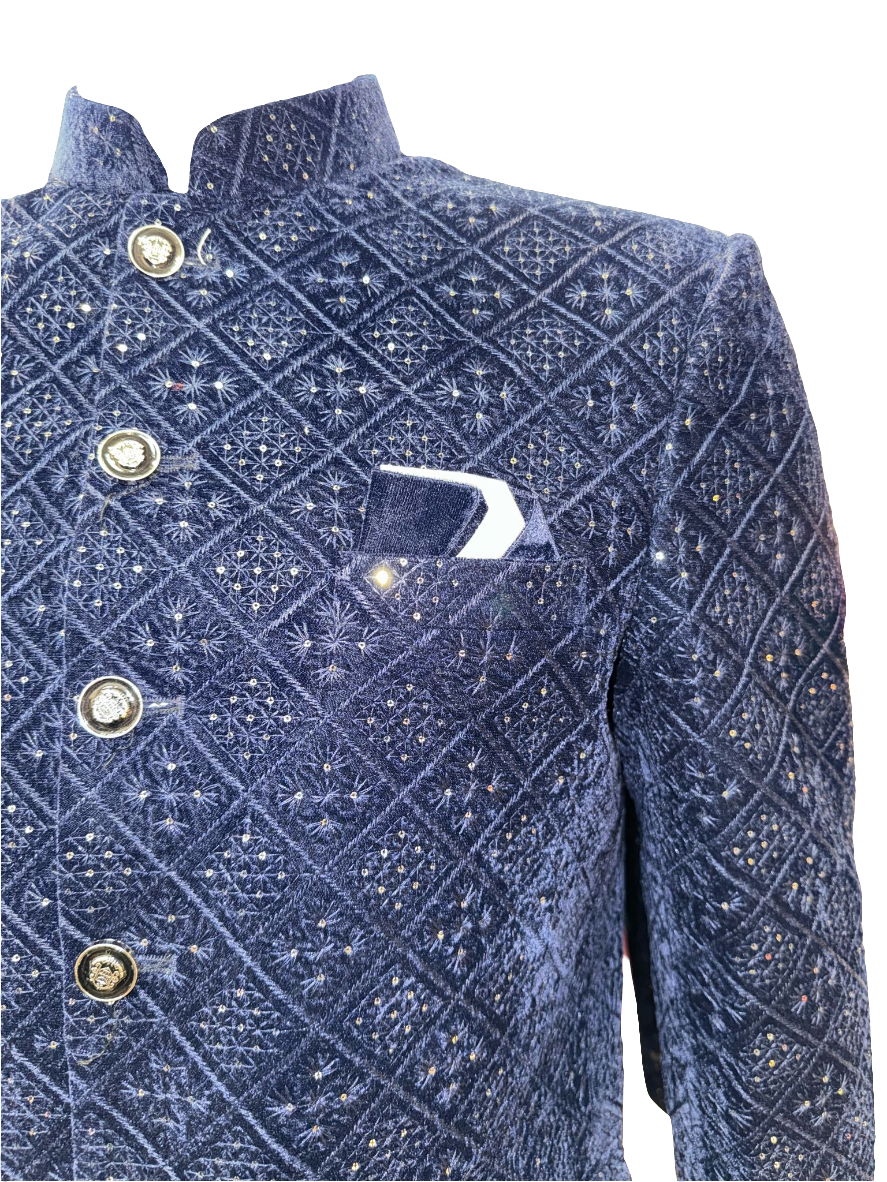 Stunning Blue Color Velvet With Beautiful Embroidery Pocket Design Sherwani With Poly cotton Pajama For Men