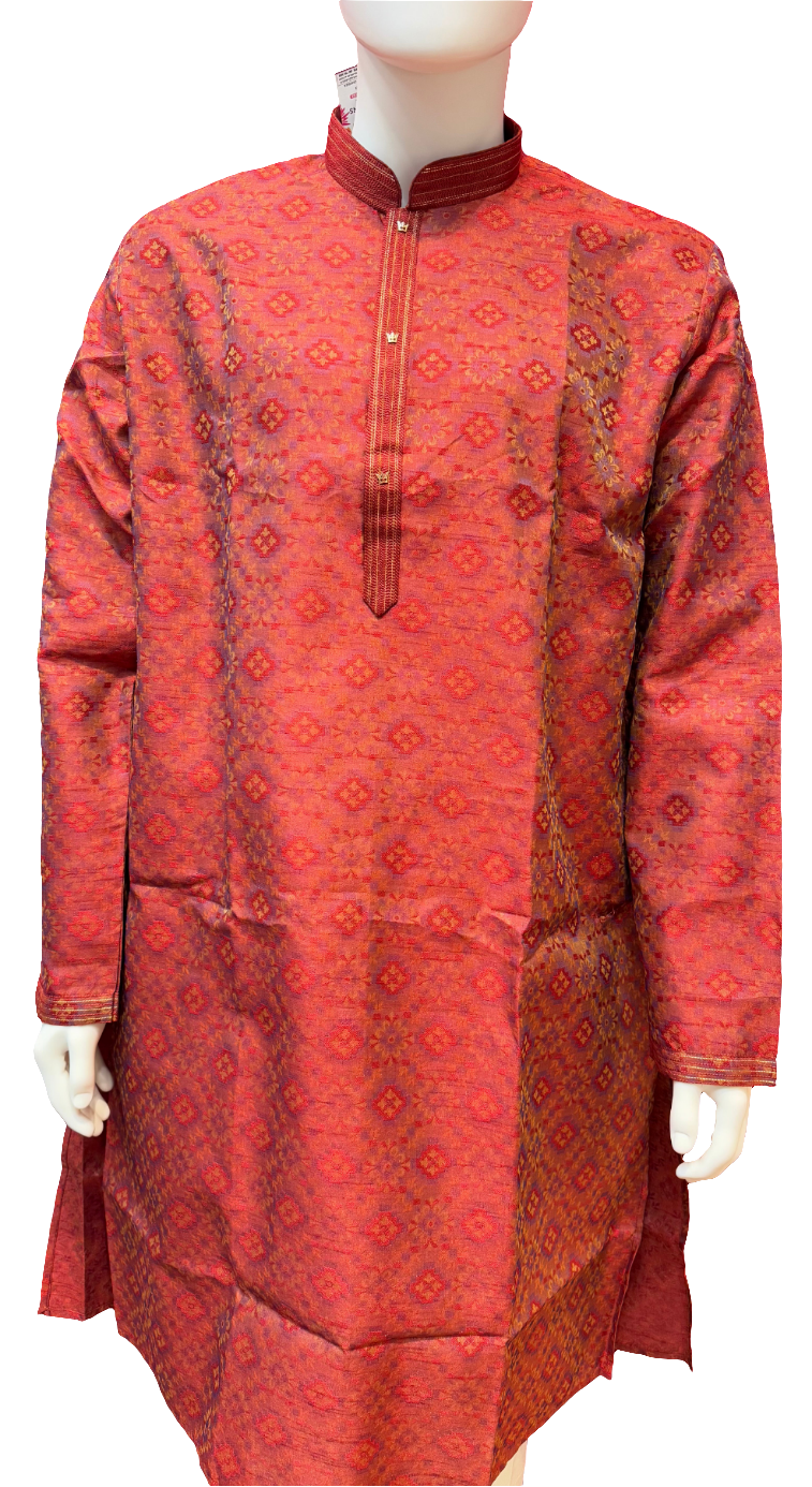 Beautiful Red Colored Jacquard Men's Kurta With Floral Printed Work