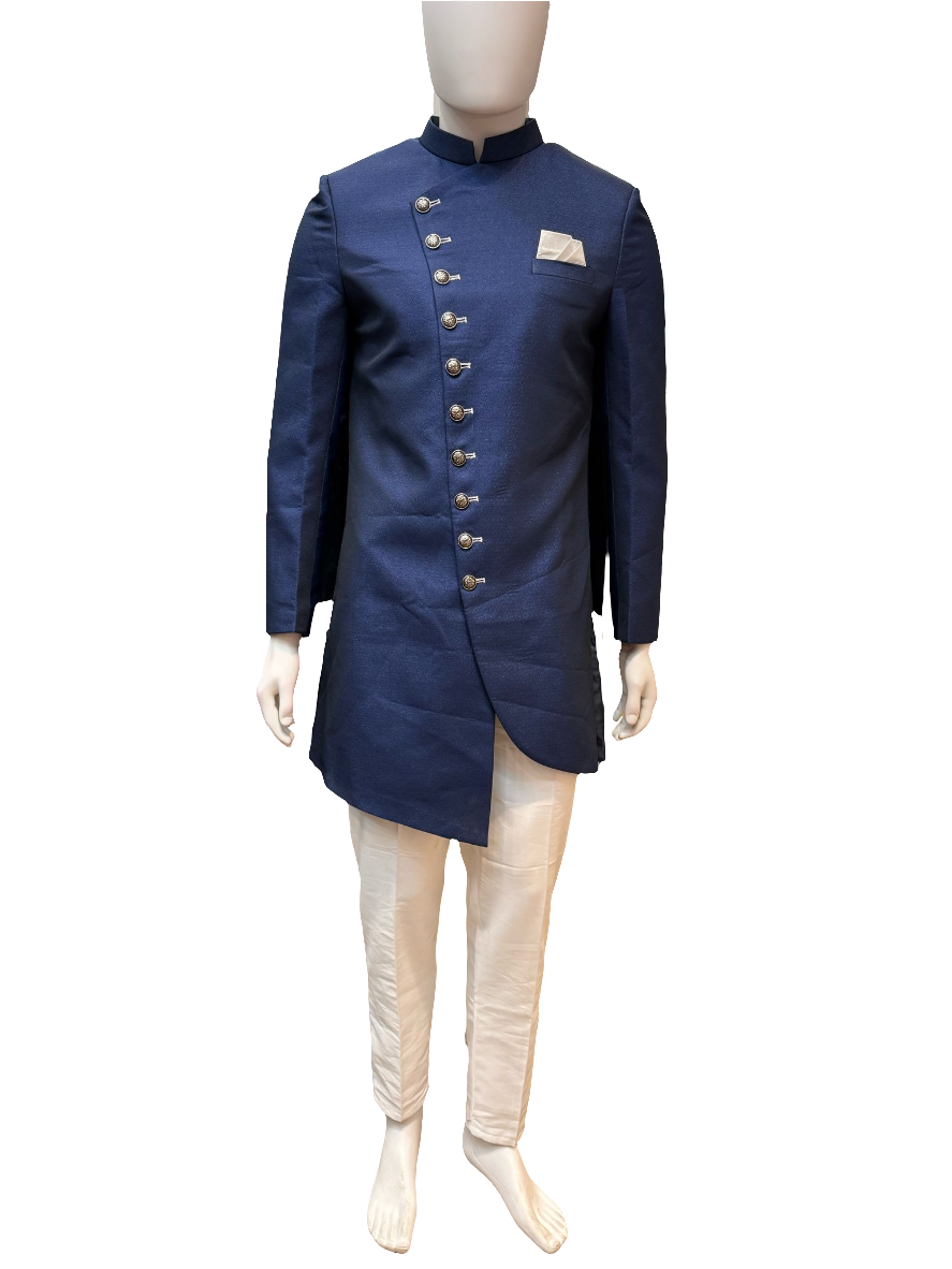 Stunning Blue Color With Pocket Design Sherwani Suit For Men