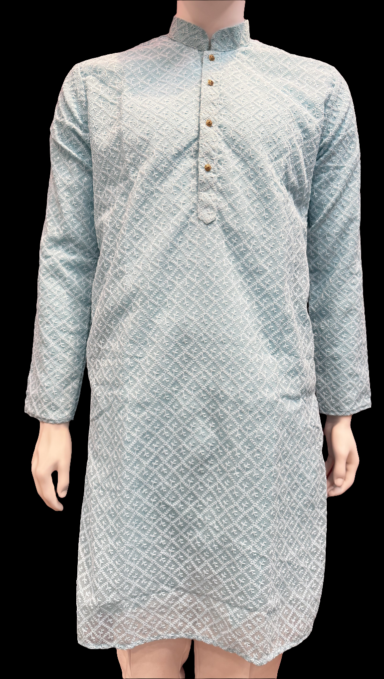 Appealing sky blue Color jacquard chikankari Kurta Set For Men