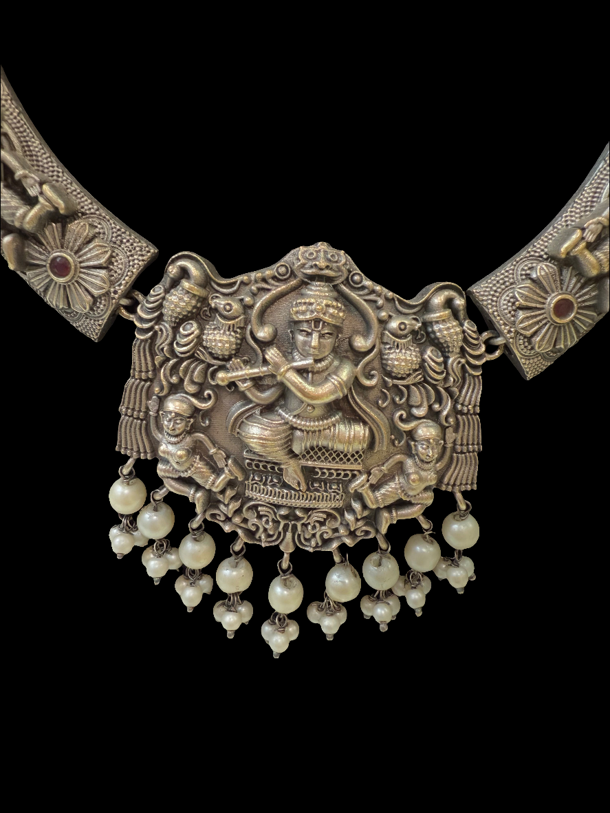 Beautiful Premium HQ Oxidized Temple Design Pearl Beaded Necklace With Earrings