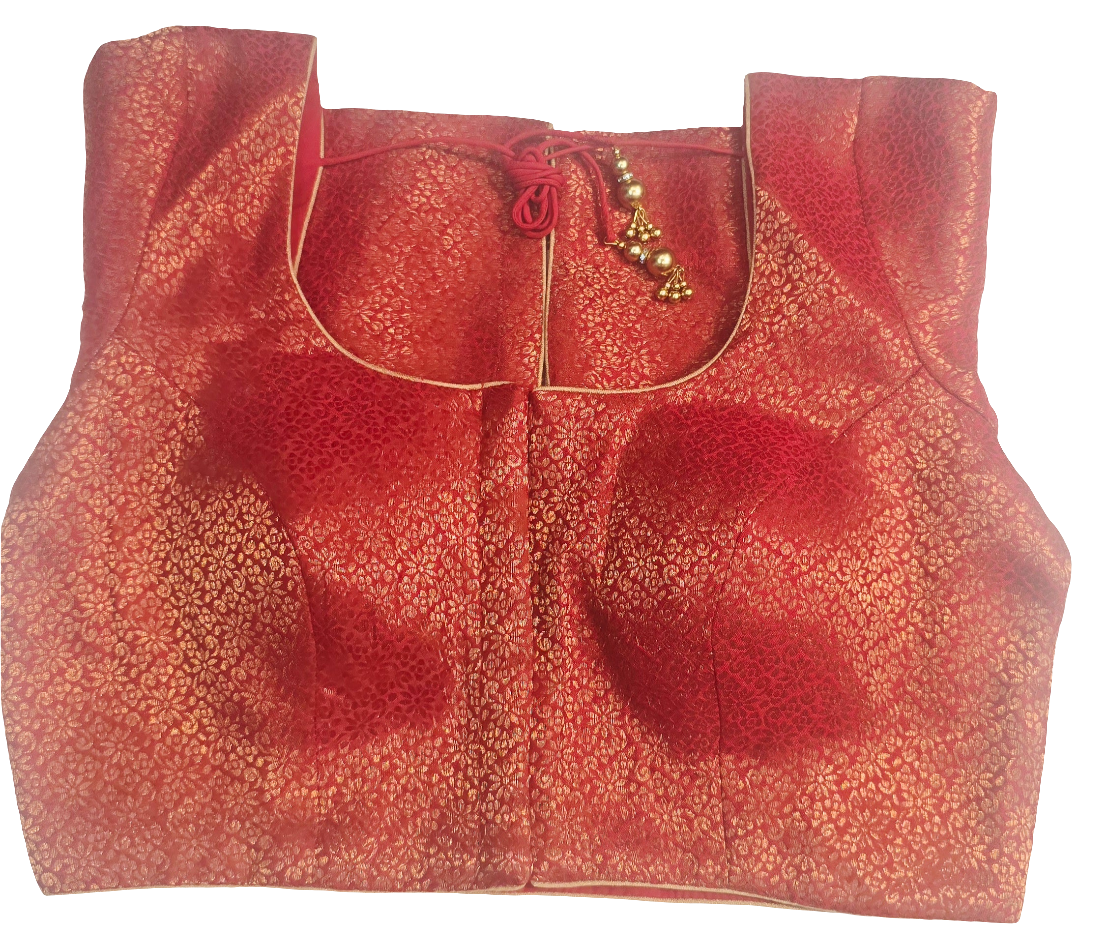 Alluring Front Open Red Color Brocade Elbow Sleeve Readymade Blouse For Women