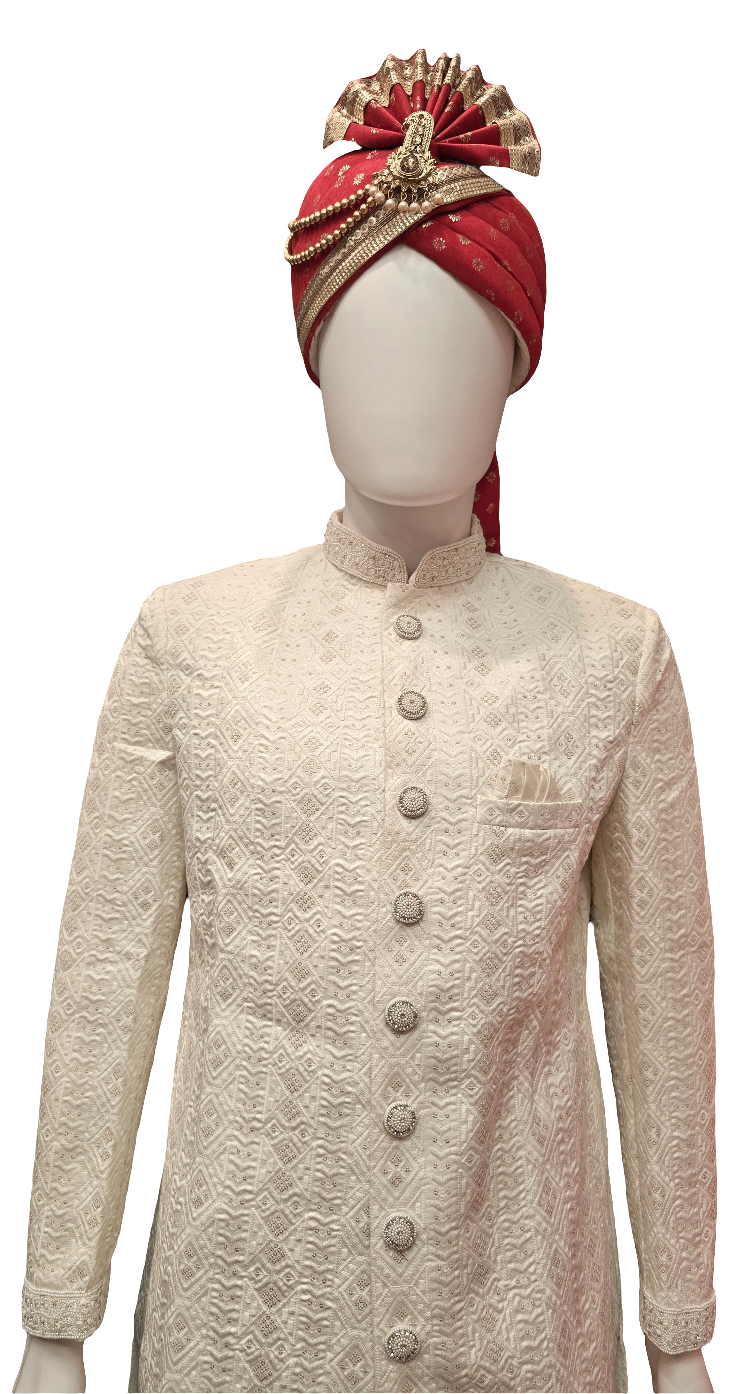 Premium Designer Vivaah Hand Embroidery Silk Sherwani Suit For Men - Ivory
