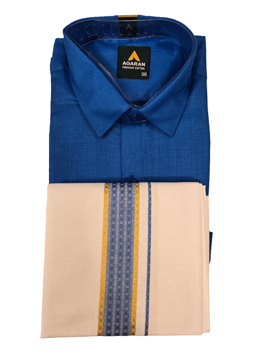 Elegant Blue Color Half Sleeves Cotton Shirt With Matching Border Dhoti Set For Men