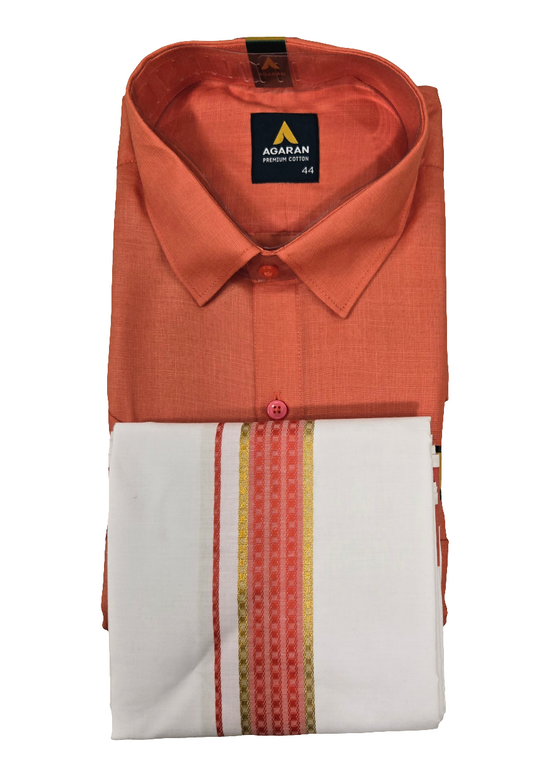 Alluring Pink Color Half Sleeves Cotton Shirt With Matching Border Dhoti Set