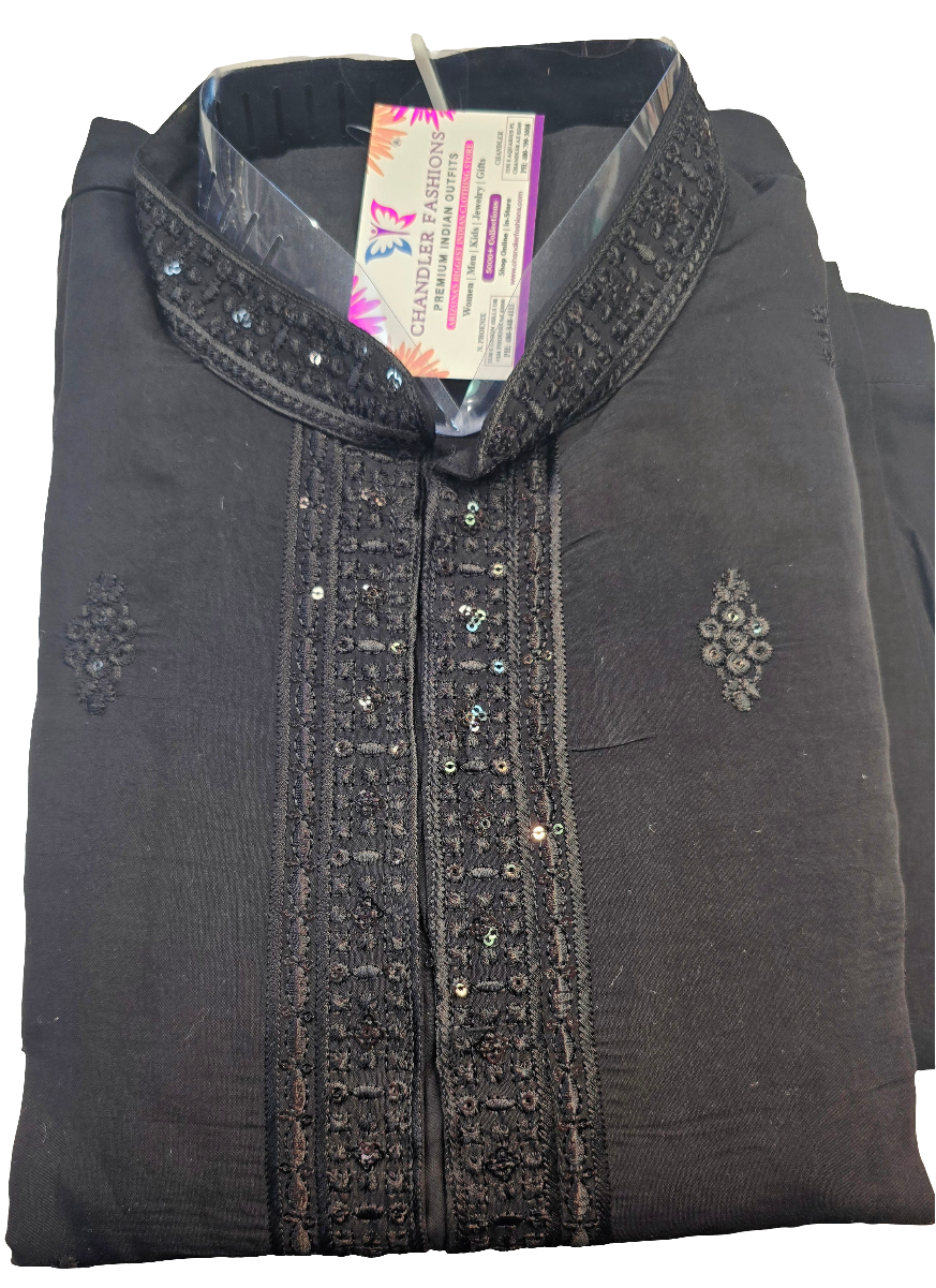 Charming Black Colored Embroidery Work Silk Kurta Suits For Men