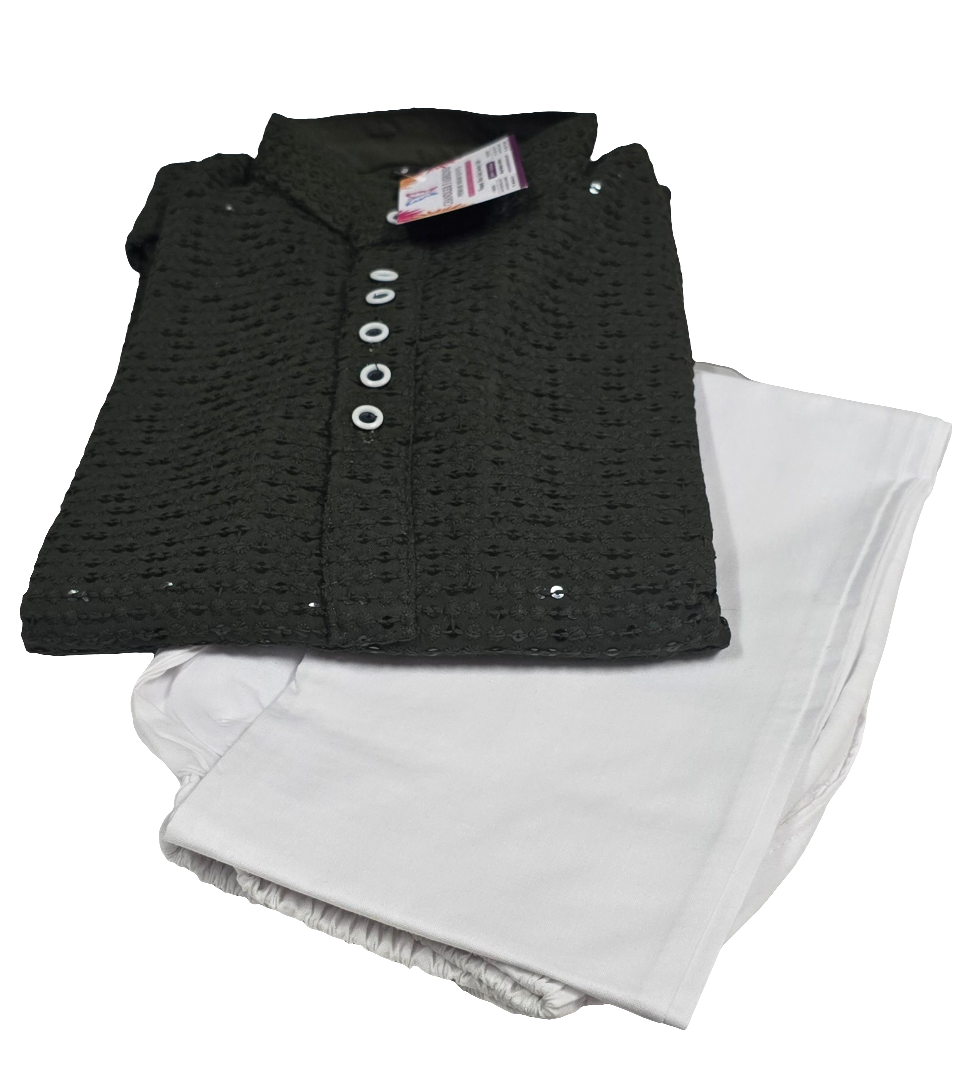 Elegant Dark Green Colored Cotton Sequins Embroidery Work Kurta With Pajama Pant For Boys