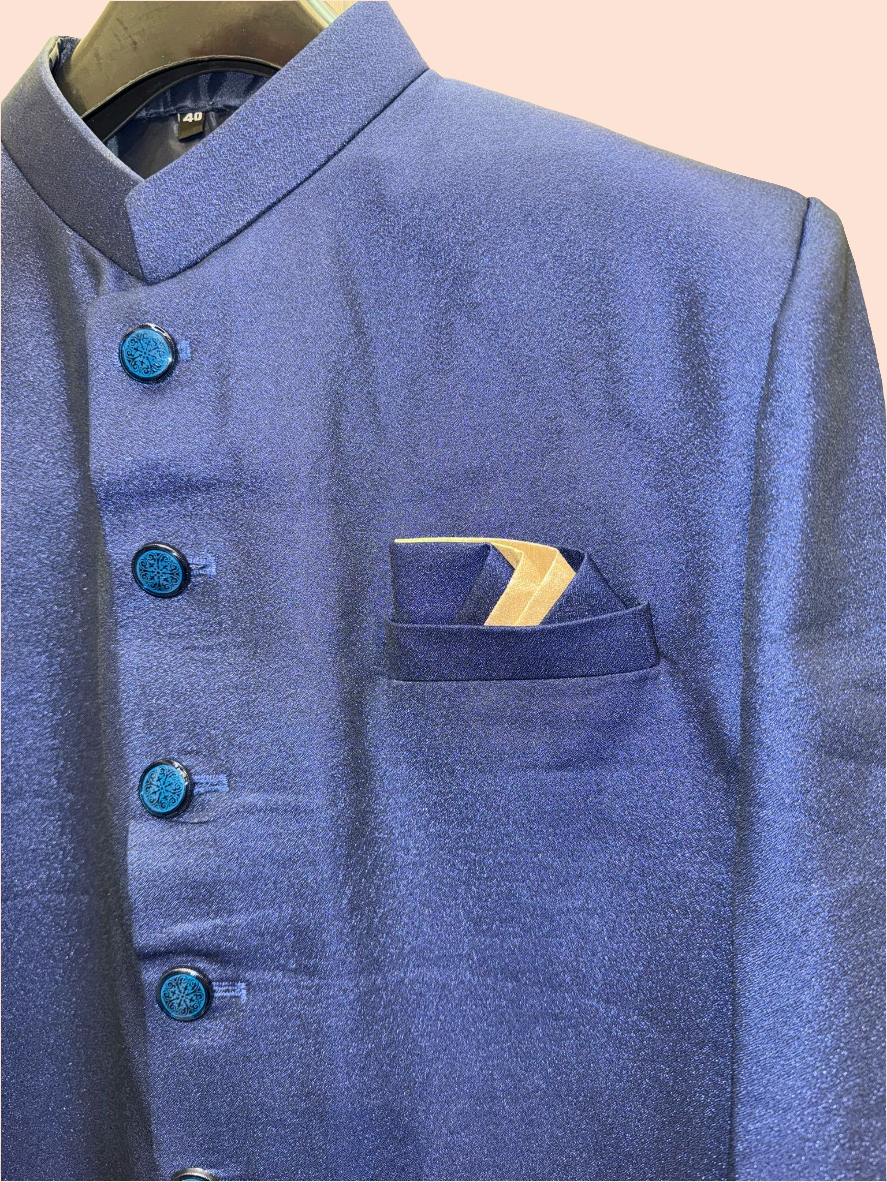 Delightful Blue Color With Pocket Design Sherwani With Poly cotton Pajama For Men