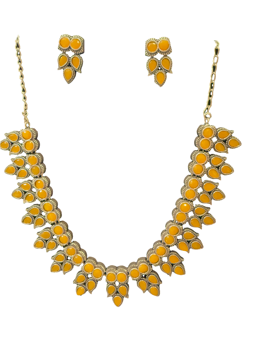 Alluring Leaf Shaped Yellow Stone Oxidized Necklace With Earrings