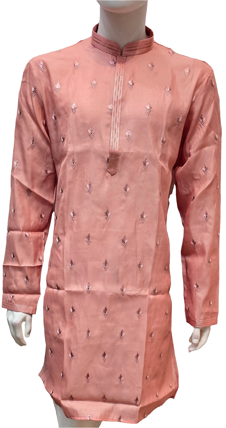 Attractive Pink Color Embroidery Work Silk Kurta With Pajama For Men