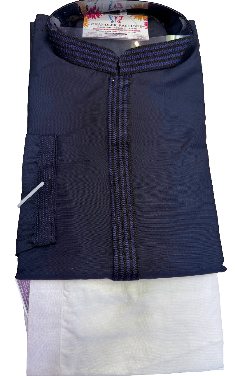 Charming Navy Blue Colored Armani Silk Kurta Pajama Sets For Men