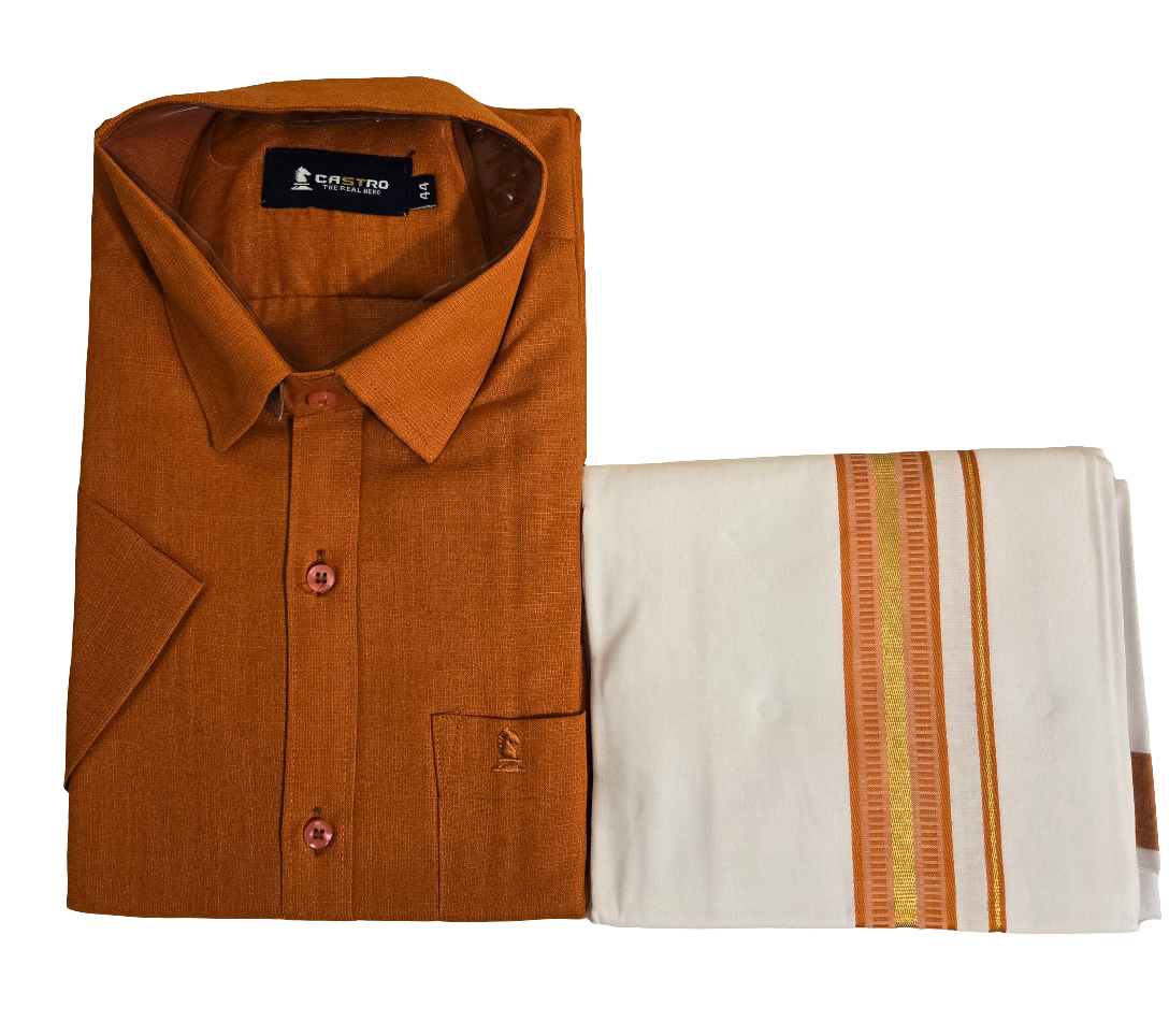 Alluring Brown Color Half Sleeves Cotton Shirt With Matching Border Dhoti Set