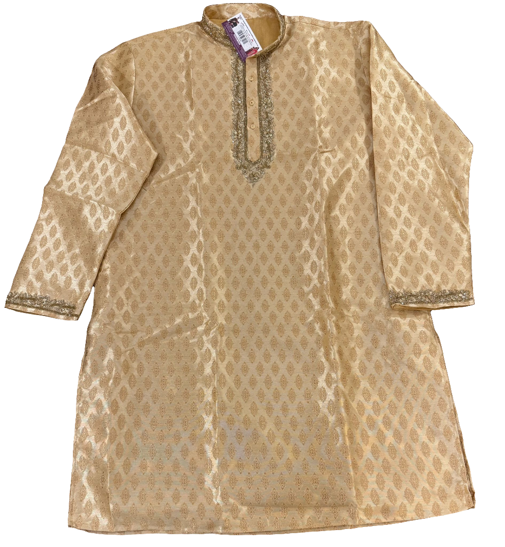 Dazzling Banarasi Brocade Gold Colored Self Design Embroidery Work Kurta Pajama For Men