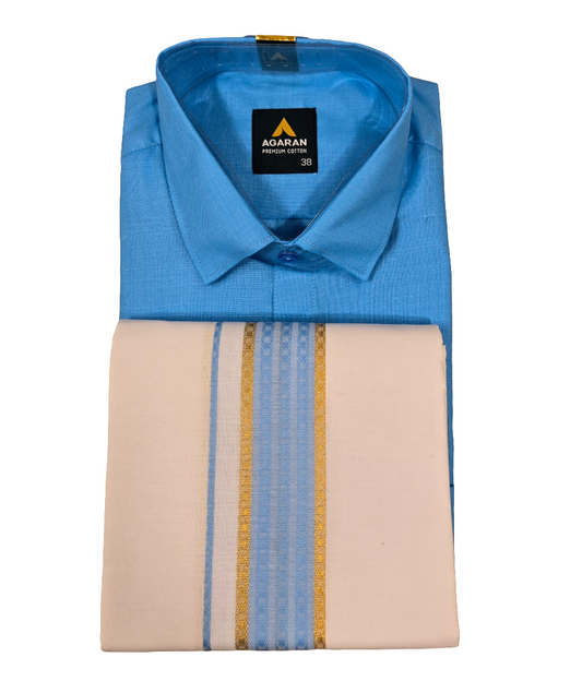 Magical Sky Blue Color Half Sleeves Cotton Shirt With Matching Border Dhoti Set
