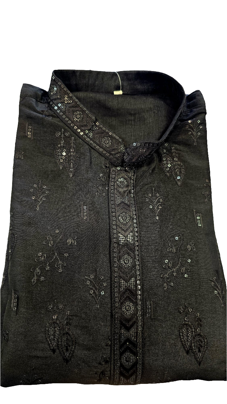 Elegant Black Color Silk Cotton Kurta With Pajama For Men