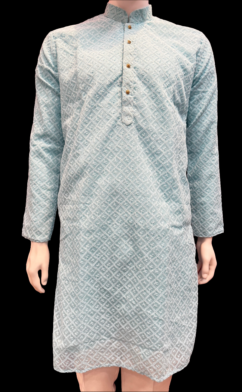 Appealing sky blue Color jacquard chikankari Kurta Set For Men