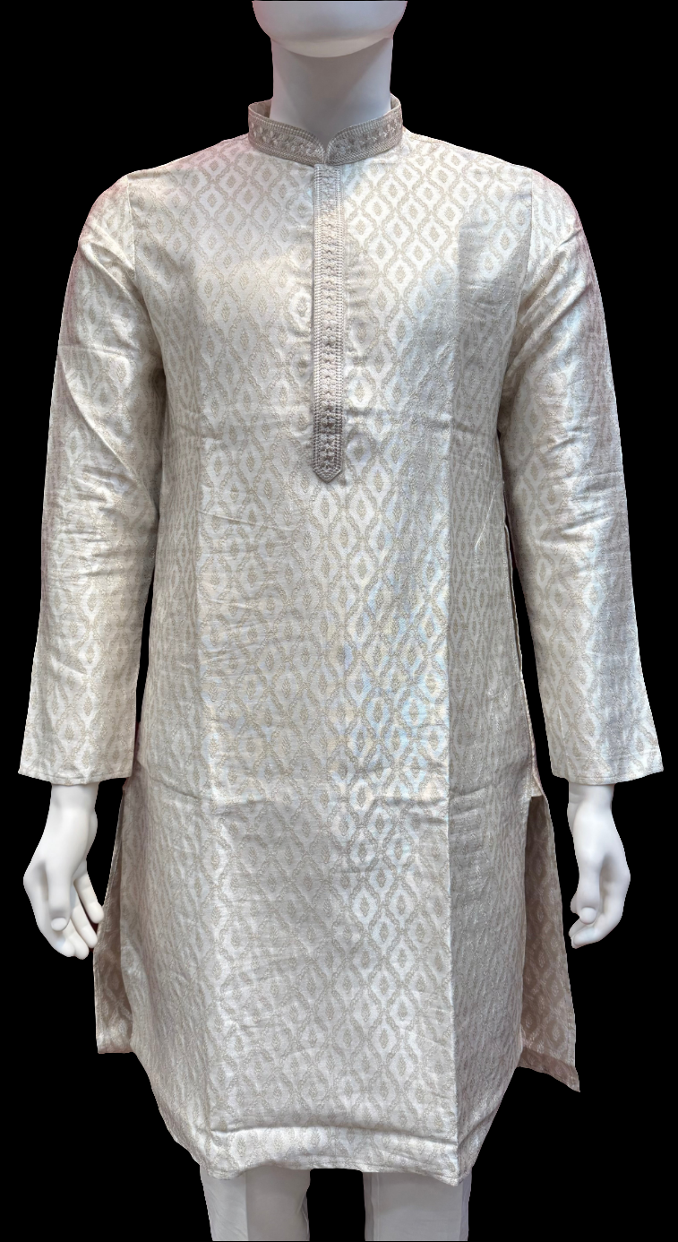 Attractive Silver Colored Banarasi Brocade With Self Designed Kurta Suits For Men