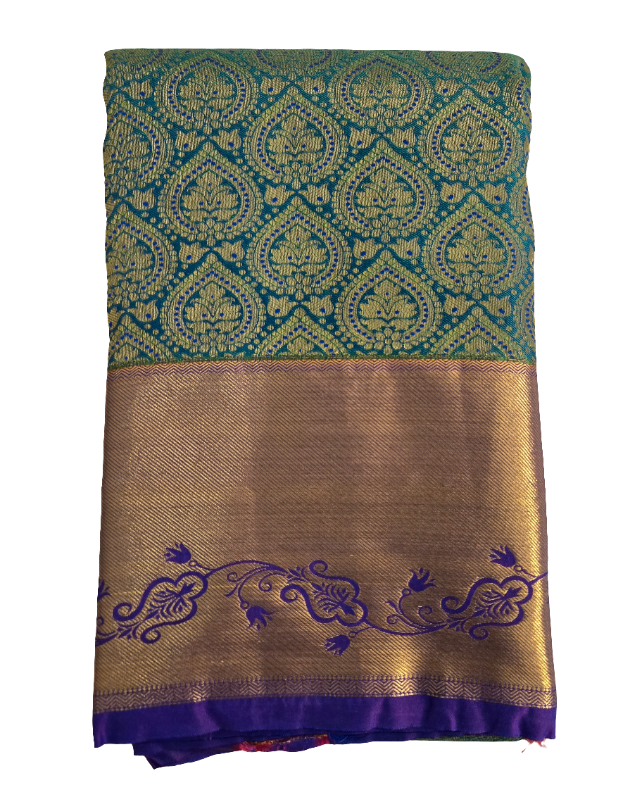 Attractive Green Colored With Golden Purple Border Pure Kanchi Silk Saree For Women