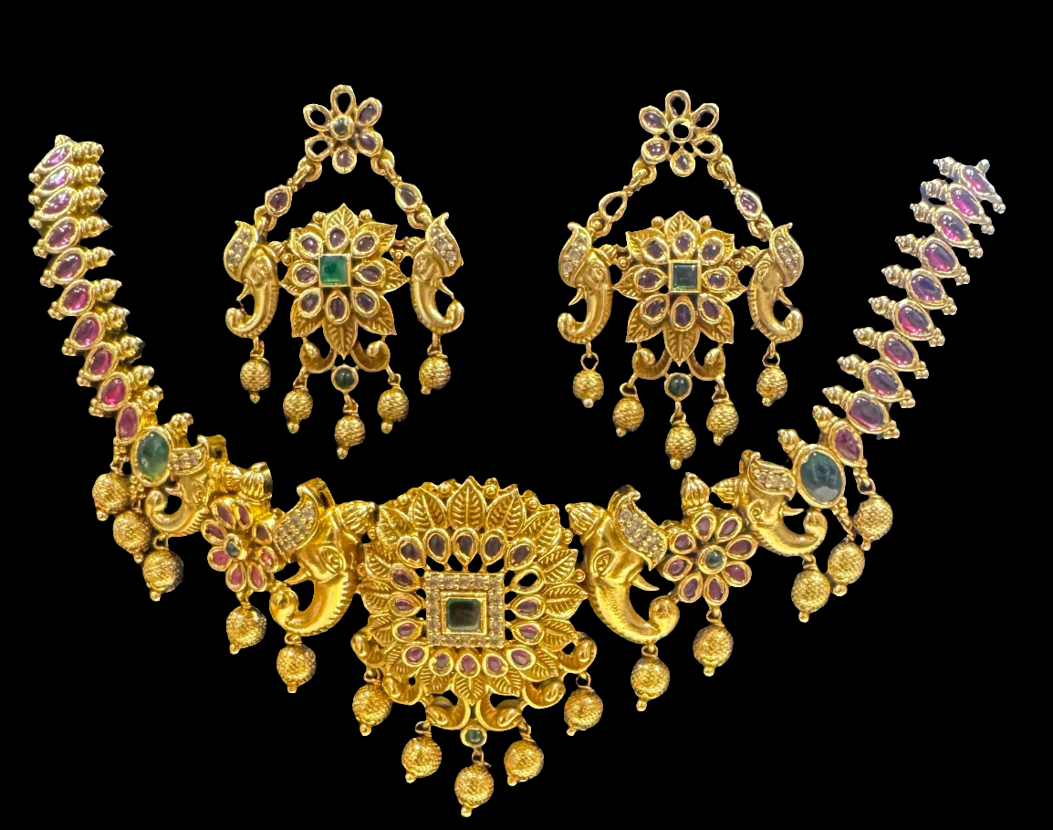 Pretty Pink And Green Color Stone Studded Gold Plated Necklace With Earrings Set