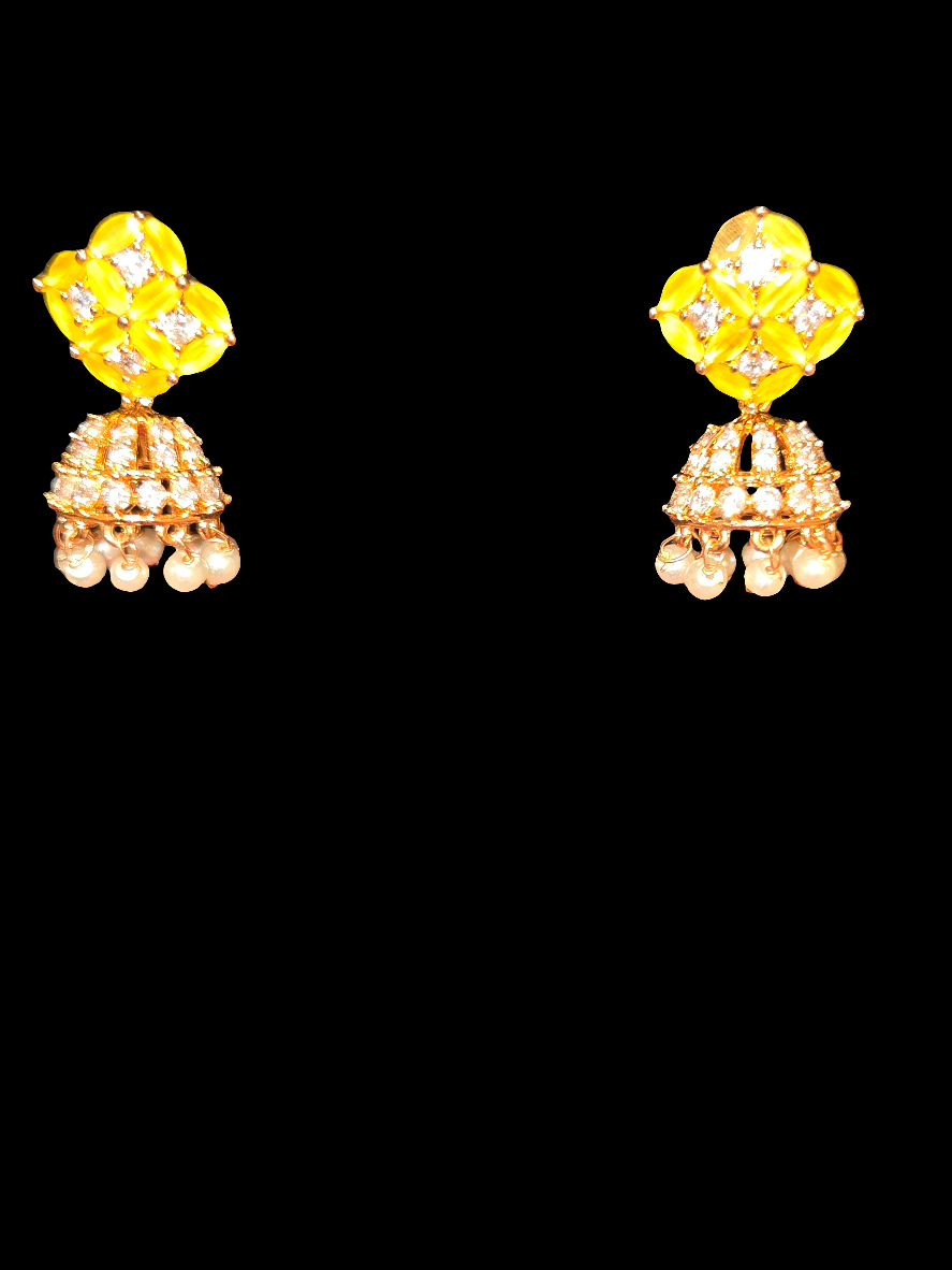 Charming Yellow Color Flower Design American Diamond Jumkha For Women