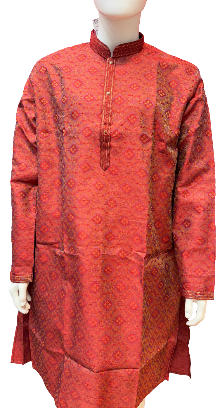 Beautiful Red Colored Jacquard Men's Kurta With Floral Printed Work