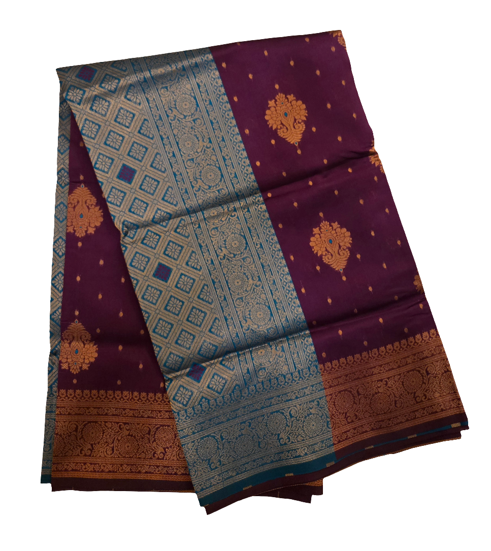 Purple and Teal Blue Art Silk Saree Blouse With Gold Zari Work Near Me
